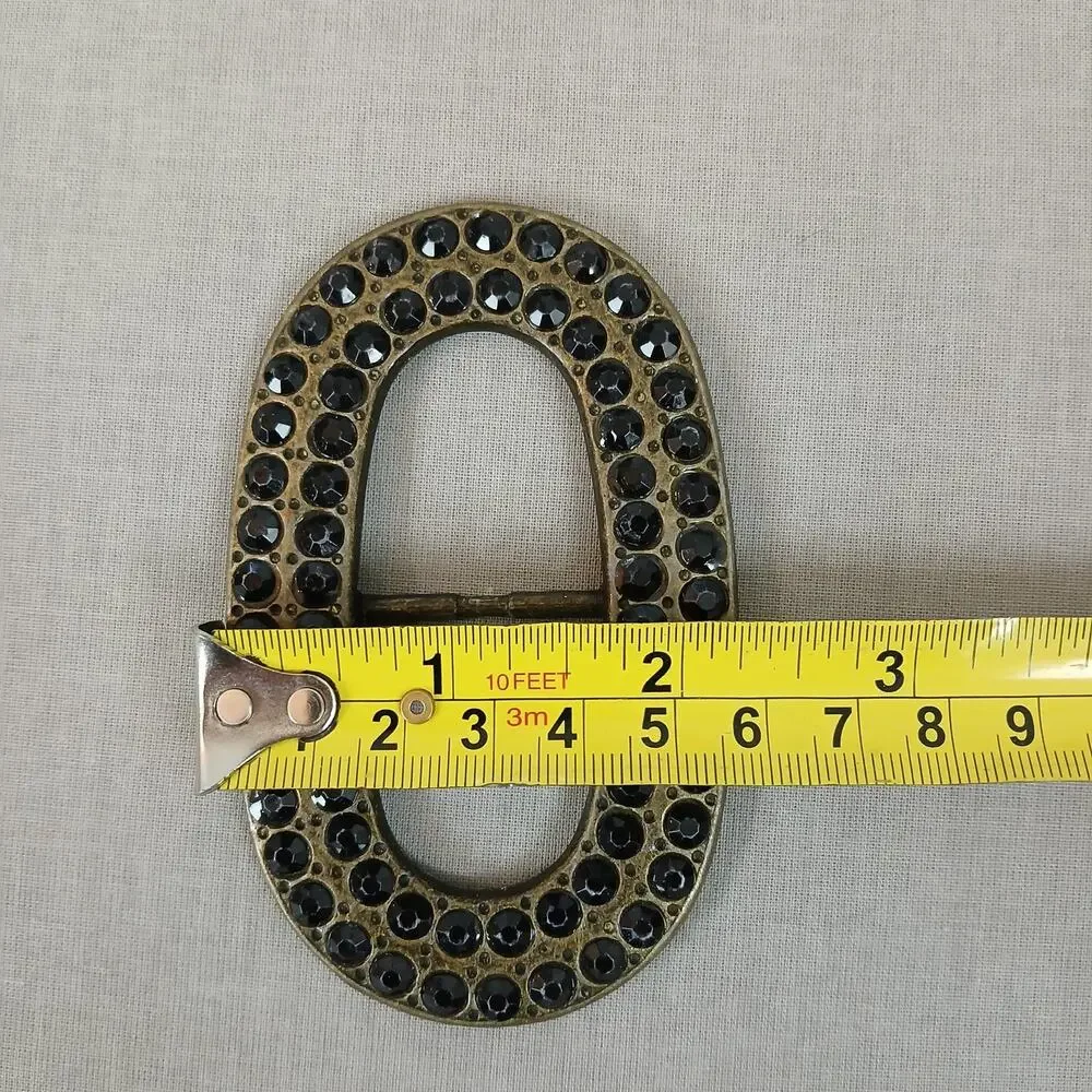 Oval brass vintage belt buckle studded with black rhinestones 4